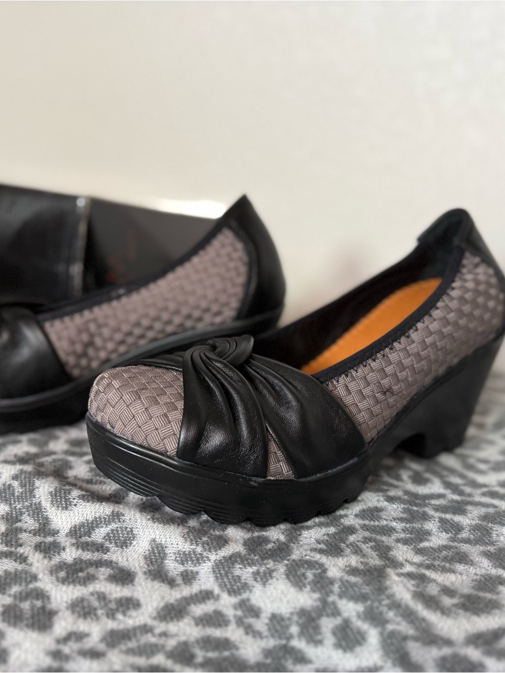 bernie mev. Black and Taupe Knotted Wedge Heels